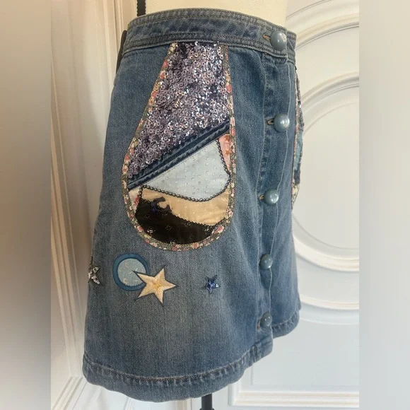 Coach Blue 100% Cotton Denim Patchwork ButtonUp Skirt Sequin Embroidery (Size 4) - Picture 4 of 13